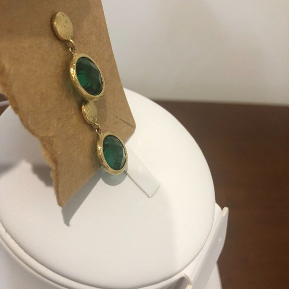 Sparkly Gold Tone Green Circular Drop Earrings. - Picture 3 of 13